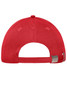 A solid red six-panel cap featuring a rear strap and a metal adjustment feature. It includes a logo.