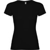 A black T-shirt with a fitted design and short sleeves, featuring a logo on the neckline.