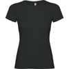 A black women's T-shirt with short sleeves and a crew neckline, featuring a logo at the neckline.