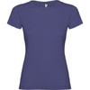 A purple women's T-shirt with a fitted design and a logo tag at the neckline.