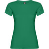 A green women's T-shirt with a short sleeve design and a logo on the neckline.