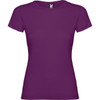 A purple women's T-shirt with a fitted style and a brand logo on the tag.