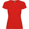 A red women's T-shirt with a round neckline and short sleeves, featuring a logo at the neckline.
