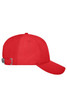 A red six-panel workwear cap with a curved brim and an adjustable strap at the back, featuring a logo.