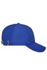 A blue 6-panel workwear cap featuring an adjustable strap and a logo on the side.