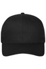 A black 6 panel cap made of organic cotton, featuring a logo on the front.