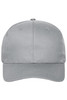 A grey six-panel cap made from organic cotton, featuring a logo on the front.