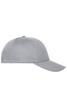 A grey six-panel cap made from organic cotton, featuring a curved peak and a logo on the side.