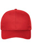 A red 6-panel cap made from organic cotton, featuring a front and curved brim, with branding.