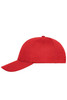 A red 6-panel cap made of organic cotton, featuring a curved brim and a logo on the front.