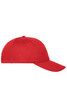 A red 6-panel cap made from organic cotton with a logo on the front.