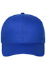 A blue 6-panel cap made of organic cotton, featuring a logo at the front and ventilation holes.