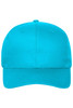 A six-panel cap in vibrant turquoise colour made of organic cotton, featuring a logo on the front.