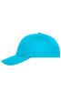 A bright turquoise 6 panel cap made from organic cotton, featuring a rounded crown and a curved brim.