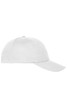 A white 6-panel cap made from organic cotton, featuring a curved brim and a logo on the front.