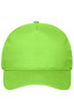 A bright green 5 panel cap made of organic cotton, featuring a logo on the front.