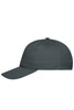 A dark grey 5-panel cap made from organic cotton. The cap features a curved brim and has a logo.