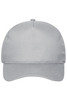 A grey 5 panel cap made from organic cotton, featuring a solid design and a branded logo.