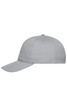 A grey 5 panel cap made from organic cotton, featuring a curved brim and a logo.