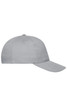 A grey 5 panel cap made of organic cotton with a curved brim and a logo on the side.