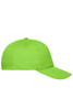 A bright green 5 panel cap made from organic cotton, featuring a curved brim and a simple design.