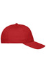 A red 5 panel cap made of organic cotton, featuring a curved brim and an unobtrusive logo.