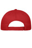 A red 5-panel cap made from organic cotton, featuring a back adjustable strap and a logo.