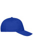 A blue 5 panel cap made from organic cotton, featuring a curved brim and a logo.