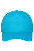 A bright turquoise 5 panel cap made from organic cotton, featuring a curved brim and a logo.