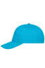 A 5 panel cap in bright turquoise made from organic cotton, featuring a logo on the front.