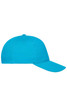 A bright blue 5 panel cap made of organic cotton, featuring a curved brim and a logo.