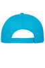 A vibrant turquoise 5 panel cap made from organic cotton, featuring a logo and adjustable strap at the back.