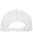 A white 5-panel cap made from organic cotton, featuring a rear adjustable strap and a logo.