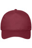 A maroon 5-panel cap made from organic cotton, featuring a logo on the front.