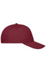A maroon 5-panel cap made from organic cotton, featuring a round crown and a curved brim. It has a logo.