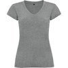 A grey V-neck T-shirt featuring short sleeves and a fitted style, with a branding logo.