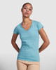 A teal v-neck t-shirt on a model with short hair, featuring a fitted style and a small logo.