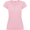 A pink Victoria T-Shirt featuring a V-neck design and short sleeves, with a branding logo on it.