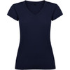 A navy blue women's T-shirt with a V-neck and short sleeves, featuring a logo.