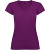 A purple women's V-neck T-shirt featuring short sleeves and a fitted design. It has a logo on the label.