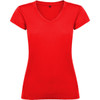 A red women's T-shirt with short sleeves and a V-neck design. It features a logo at the neckline.