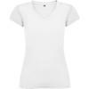 A white women's V-neck T-shirt with short sleeves, featuring a logo on the front.