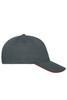 A grey five-panel cap with a red underbill and a logo on the front. Made from organic cotton.