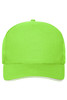 A bright green 5 panel cap made from organic cotton, featuring a curved brim and a branding logo.