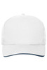 A white 5-panel sandwich cap made of organic cotton, featuring a navy blue peak and a logo.
