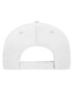 A white 5-panel sandwich cap made of organic cotton, featuring a rear adjustable strap and a logo.