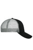 A black and grey 6 panel mesh cap with a curved brim and a logo on the side.