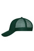 A dark green 6 panel mesh cap featuring a curved brim and a breathable mesh back, with a logo on it.