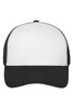 A 6 panel mesh cap featuring a white front and black mesh sides, with a logo on the front.