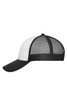A black and white 6 panel mesh cap featuring a solid front and a mesh back, with a curved brim and branding.